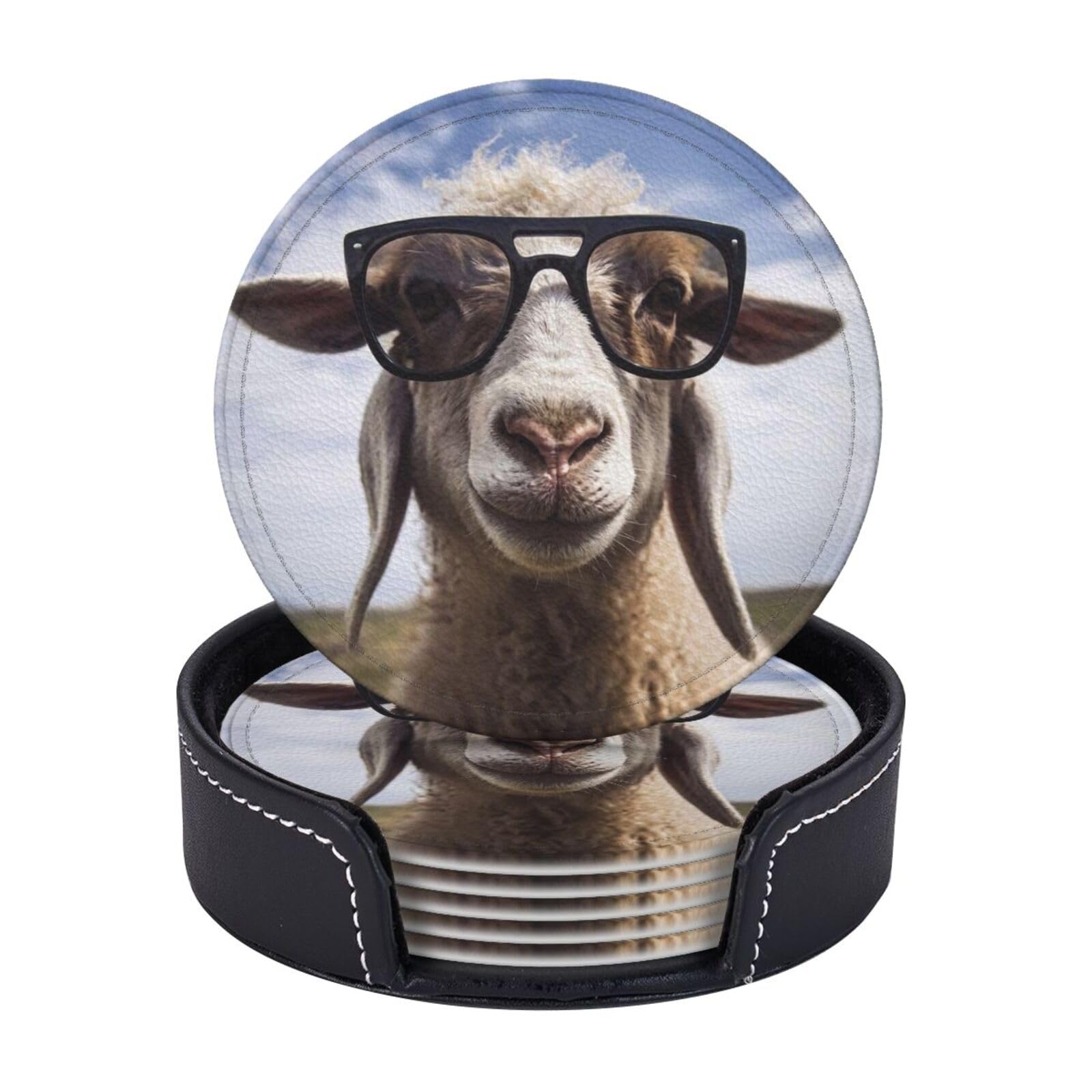 Drink Coasters 6 PCS Round Leather Coaster sheep wearing glasses Coasters for Drinks Non-Slip Mugs Pads with Holder Personalized Cups Pad Mat for Coffee Table Kitchen 10 CM