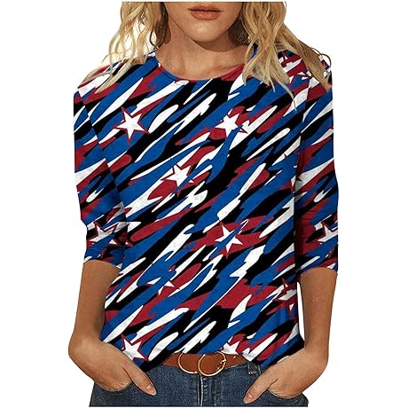 Women Summer Casual Tops Trendy 3/4 Sleeve Length Round Neck t Shirt Tunic Vacation Outfits