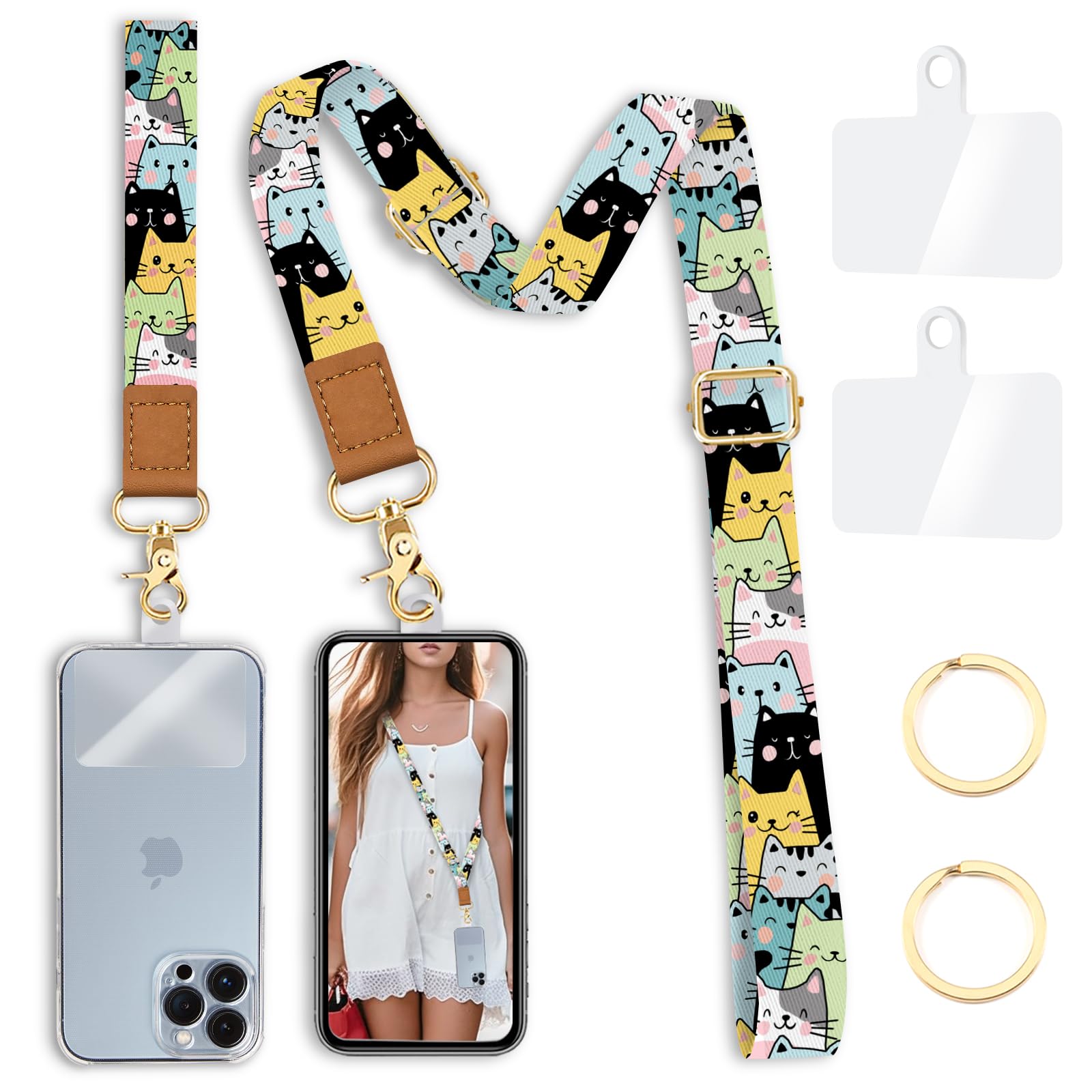Yonlevres Phone Lanyard Crossbody Strap, Cute Cat Cell Phone Lanyards for around the Neck Wristlet Wrist Strap Adjustable for Keys Case ID Badges