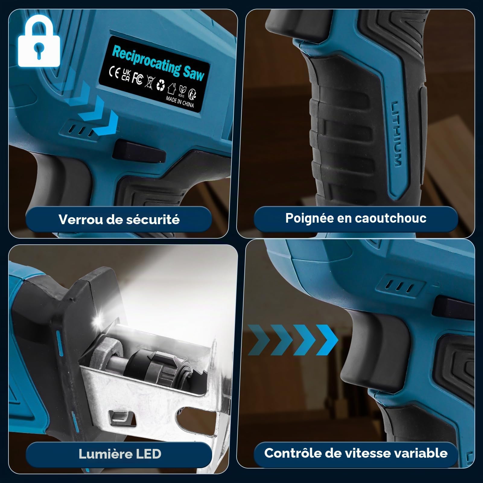 Scie Sabre Sans Fil 21V avec 2 Batteries & Chargeur • 8 Vitesses Réglables (4000 CPM) • Pour Coupe Bois et Métal • Scie Alternative Électrique Puissante et Portable