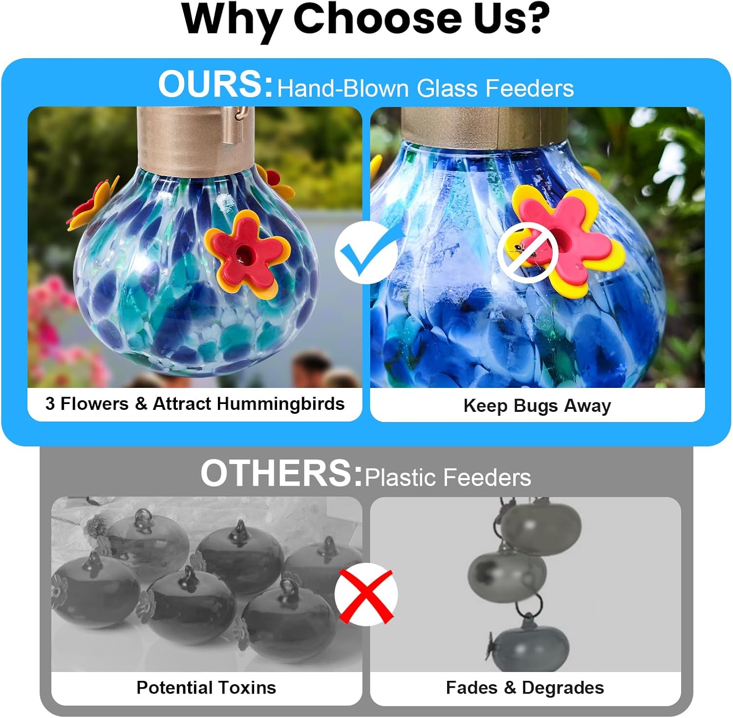 Solar Glass Hummingbird Feeder Outdoors Hanging, Waterproof 3 Feeding Ports, Auto Light Up Garden Decor, Ideal Bird Lover Gift (Blue)