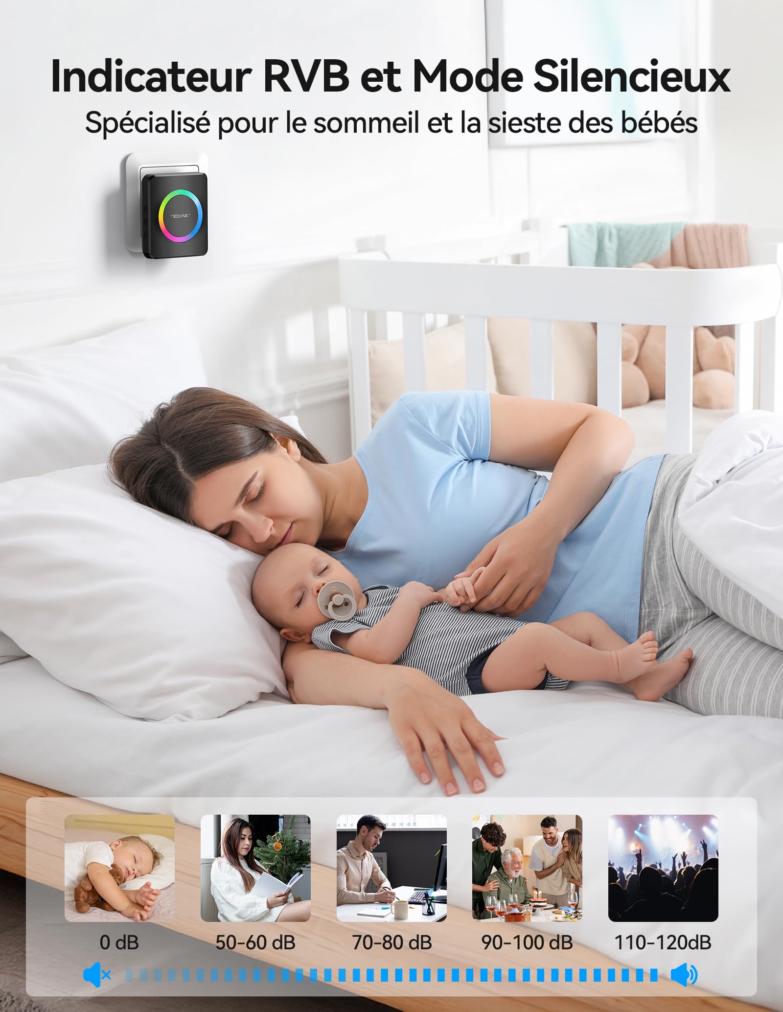 TECKNET Sonnette sans Fil Exterieur Etanche, Sonnette sans Fil Portée 600m, Kit de Sonnette avec 1 Récepteur Enfichable et 2 émetteurs, Indicateur RVB, 60 Mélodies, 5 Niveaux de Volume