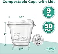 Vista 2 de Fit Meal Prep Paquete de 50 vasos transparentes compostables de 9 onzas con tapas para sorber, tazas biodegradables sin popote a base de plantas