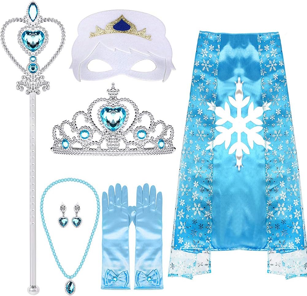 VAMEI Princess Elsa Dress up Tiara Braid Wand Cloak Mask Blue Gloves 9 Set Girls Party Cosplay Accessories Elsa Costume for Kids Christmas Gifts