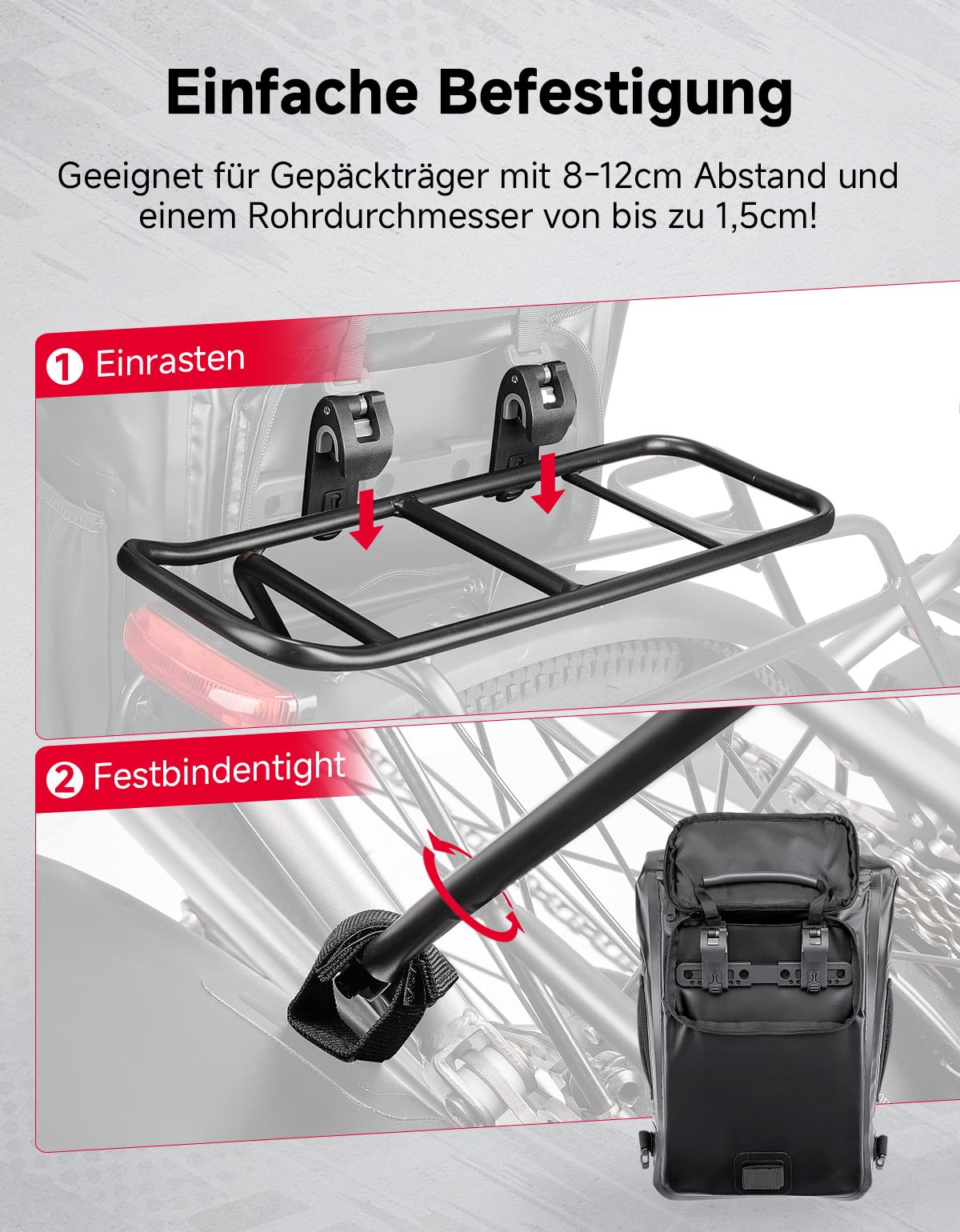 KEMIMOTO 27L Wasserdichter Fahrradtasche, 500D PVC Wasserdicht Gepäckträgertasche, Sichere Befestigung Laptopfach, 3 IN 1 Fahrradrucksack mit Tragegriff und Schultergurt, Rucksack und Umhängetasche