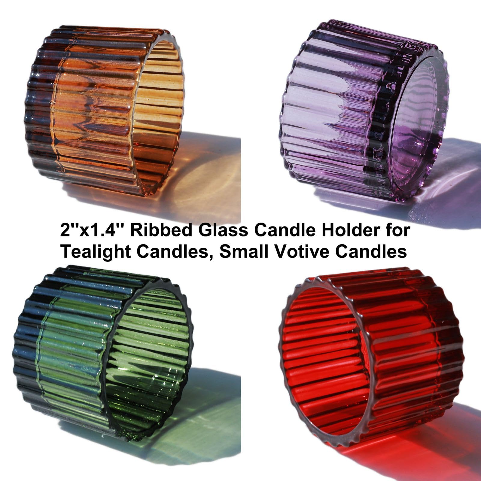VOHO Lot de 12 photophores en verre côtelé pour décoration d'automne, 4 couleurs, pour centre de table, pour Halloween, Thanksgiving, Noël, cadeaux
