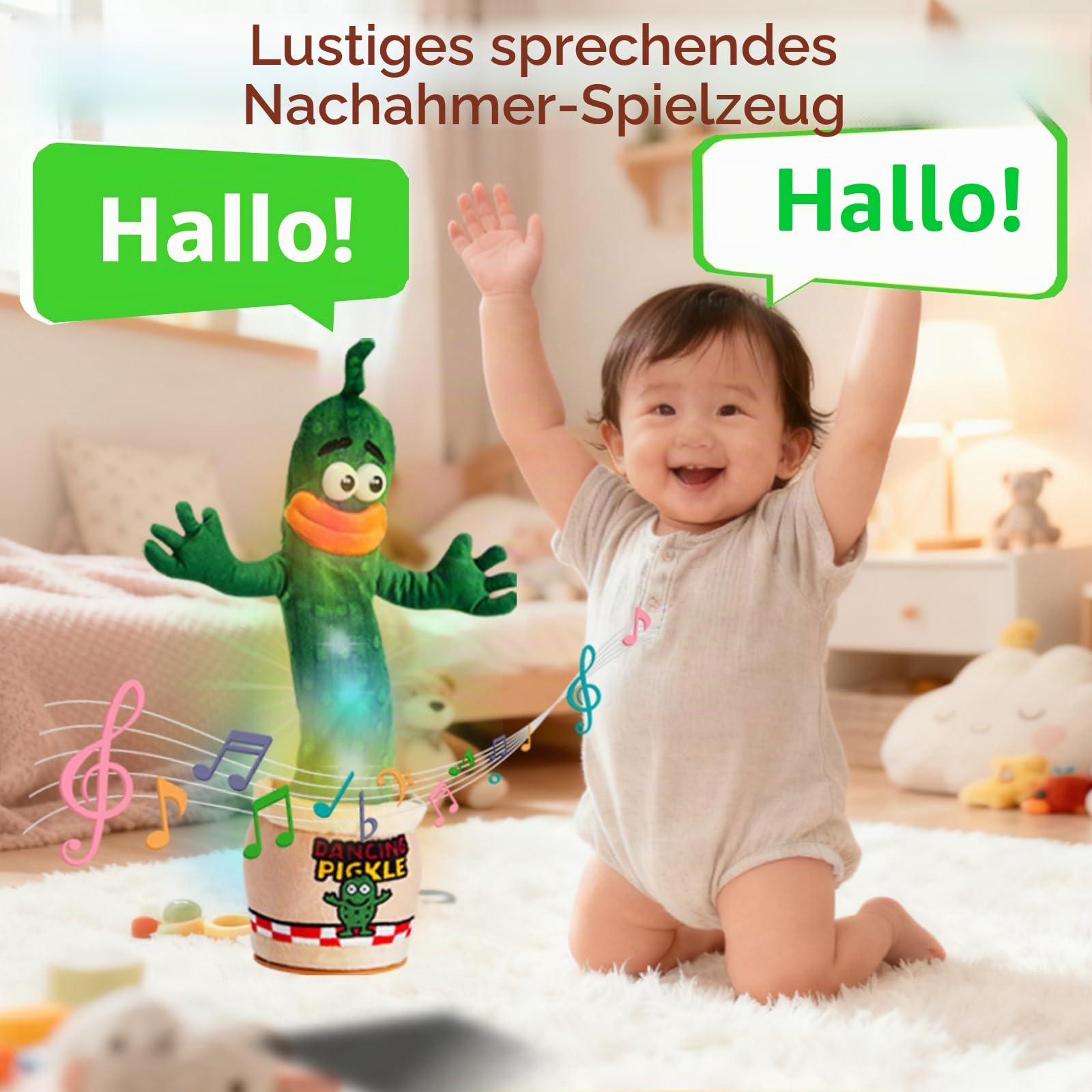 Interaktives tanzendes sprechendes Gurken-Babyspielzeug (0-6 3-6 6-12 12-18 Monate) Welpenspielzeug für Jungen Mädchen, singt imitiert nimmt wiederholt Gesprochenes 120 Lieder, Lautstärke einstellbar