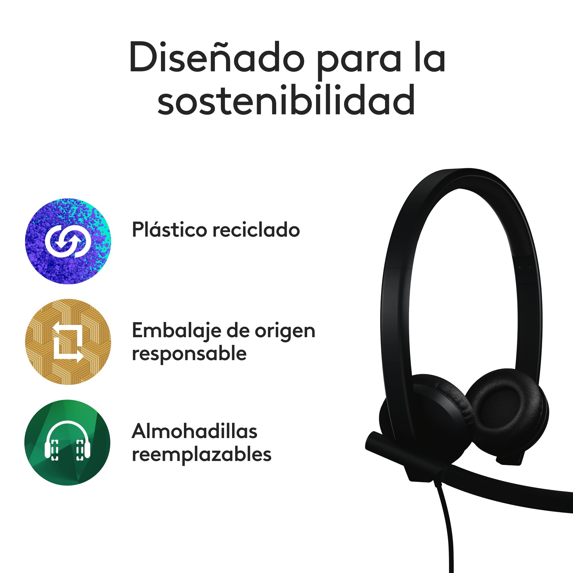 Logitech H570e, Auriculares USB con micrófono | PC/Mac, auriculares cable USB-C estéreo, cancelación ruido, controles integrados cable, Microsoft Teams, negro