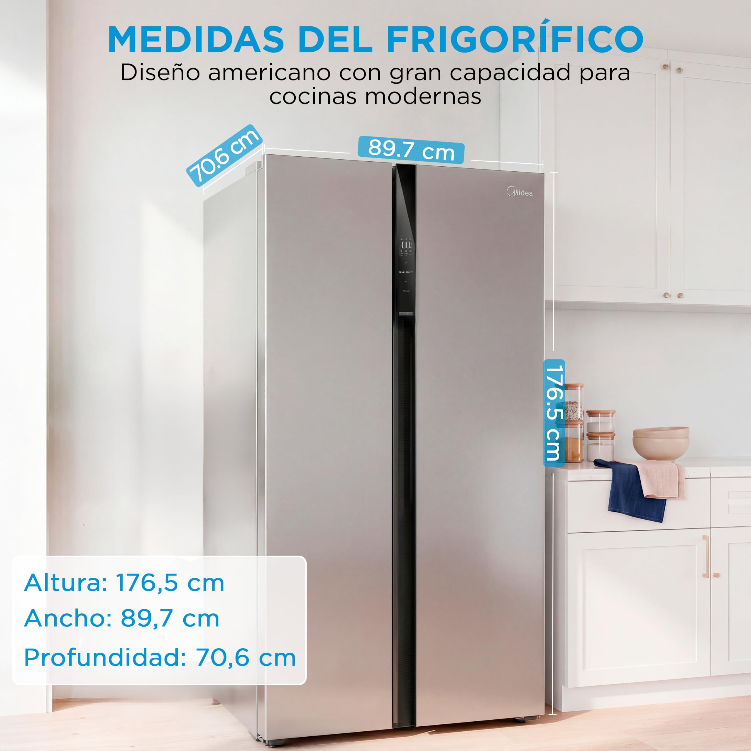 MIDEA Frigorifico Americano No Frost, 548L, 176 x 89,7 cm, Motor inverter | Nevera Americana con Congelador, Silencioso 35 db,Panel táctil, Multi air flow, Bajo consumo, Frigorifico combinado 3 modos