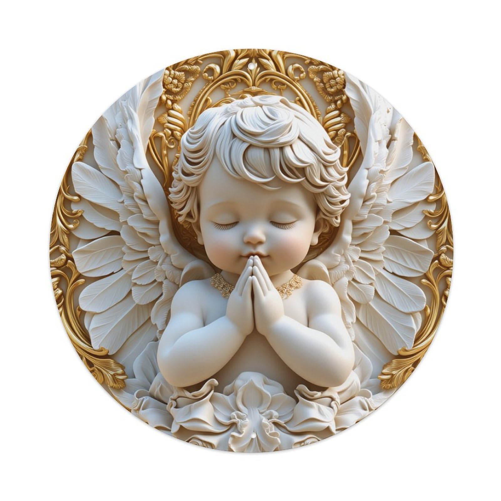 Angel With Wings And Gold Round Tin Sign Retro Metal Sign for Cafe Bar Pub Home Game Room Gym Club Wall Decoration Vintage Metal Poster 8x8 Inch