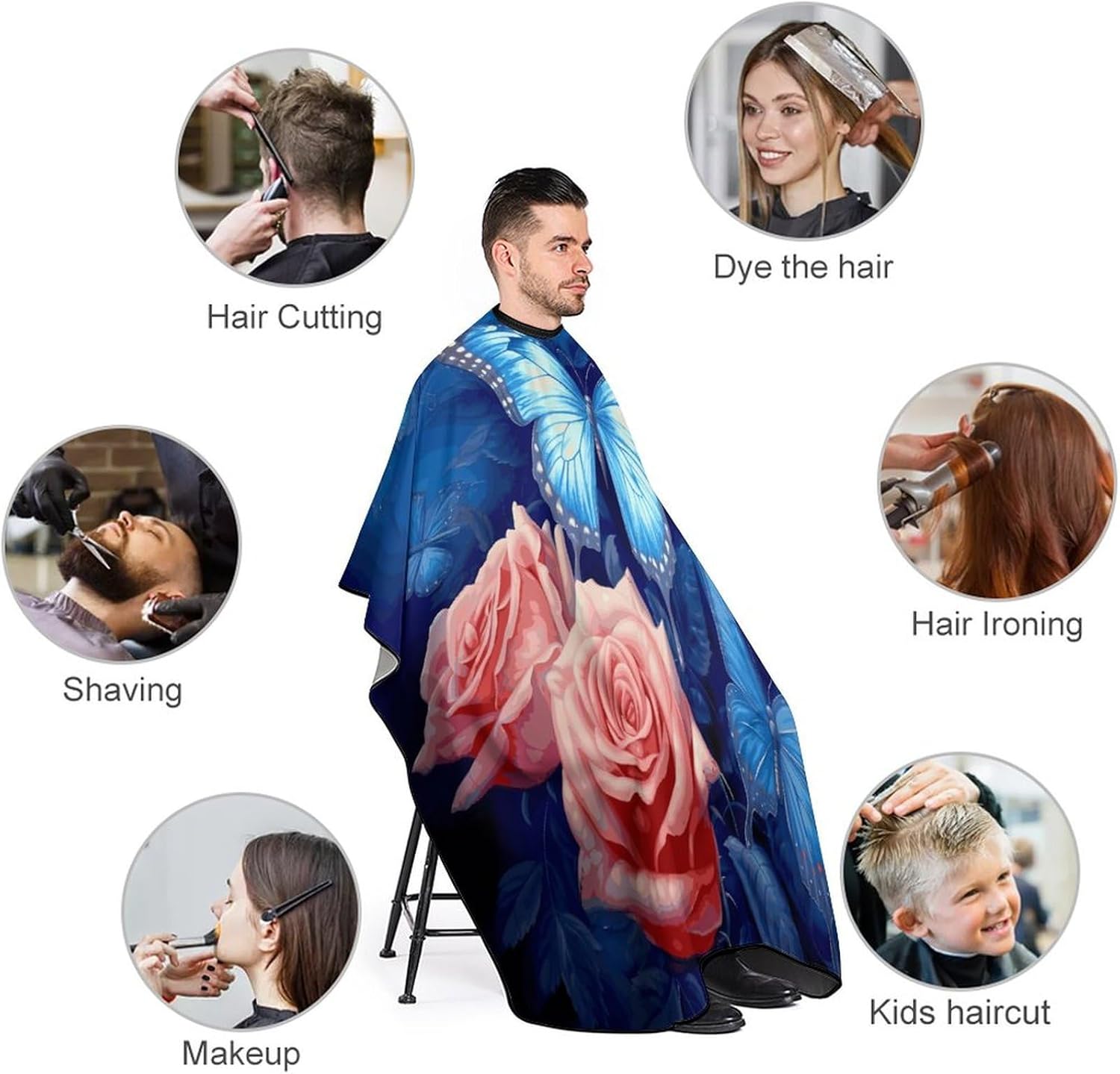 Butterflies on Roses Apron for Women Men,Barber Cape with Adjustable Snap Closure,Hair Cutting Cape,66.9 X 56.7 Inches for Hair Dye, Comb-out, Styling, Shampoo