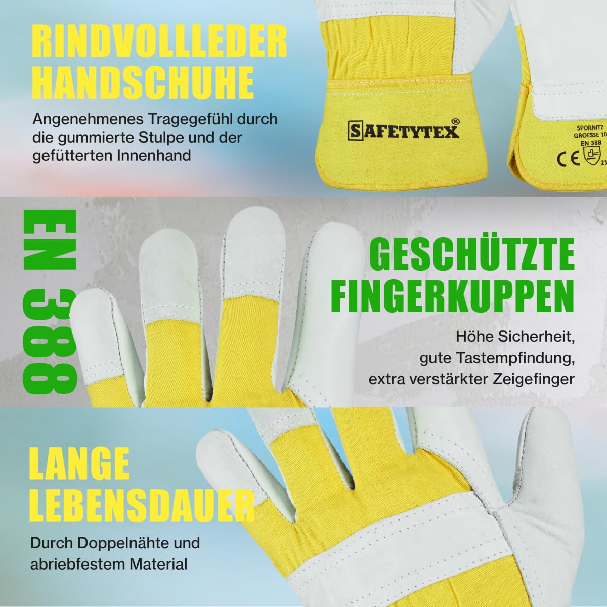 Safetytex Rindvollleder Arbeitshandschuhe EN388 robust (Gr. 10, 24 Paar) | Lederhandschuhe für Bau- und Gartenarbeit, doppelt genähte Nähte, strapazierfähig, langlebig, hoher Komfort
