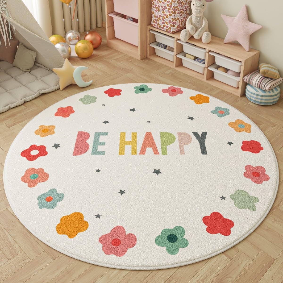 Alfombra redonda infantil antideslizante lavable de pelo corto suave