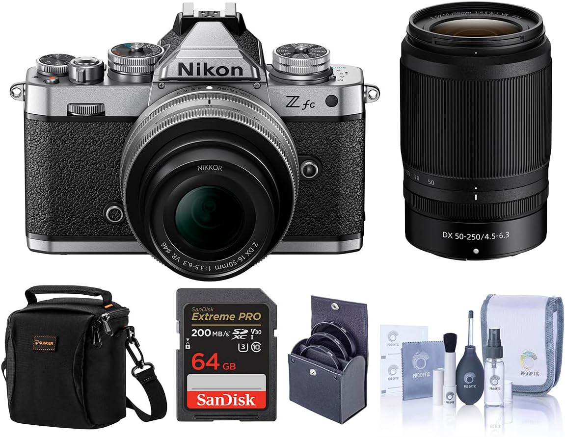 Nikon Z fc DX-Format Mirrorless Camera with 16-50mm f/3.5-6. Lens, Silver and 50-250mm /4.-, Bundle 64GB Memory Card, Bag, 62mm 46mm Filter Kit