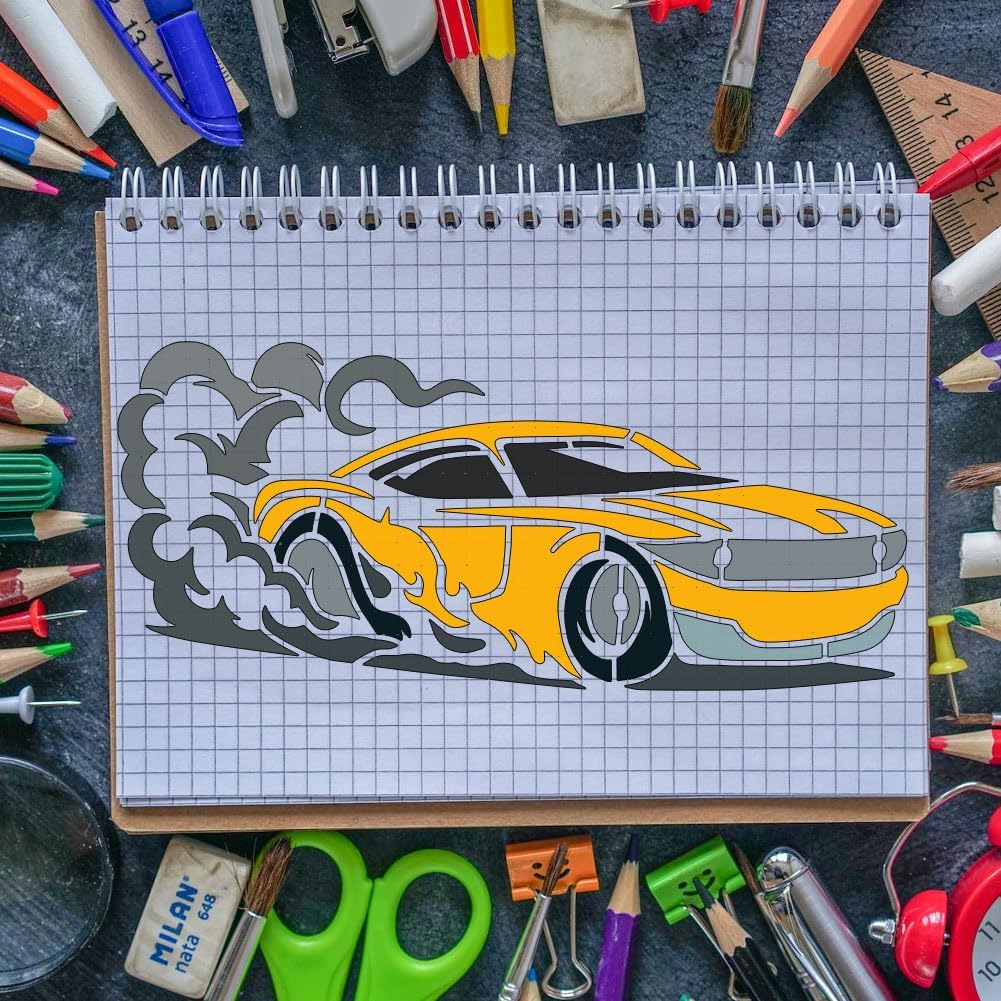 FINGERINSPIRE 4Pcs Motorcycles Painting Stencil with Paintbrush 11.8x11.8inch Motorcycle & Car Racing Stencil Plastic Flame Racing Drawing Template Monster Trucks Painting Stencils for Wall Home Decor