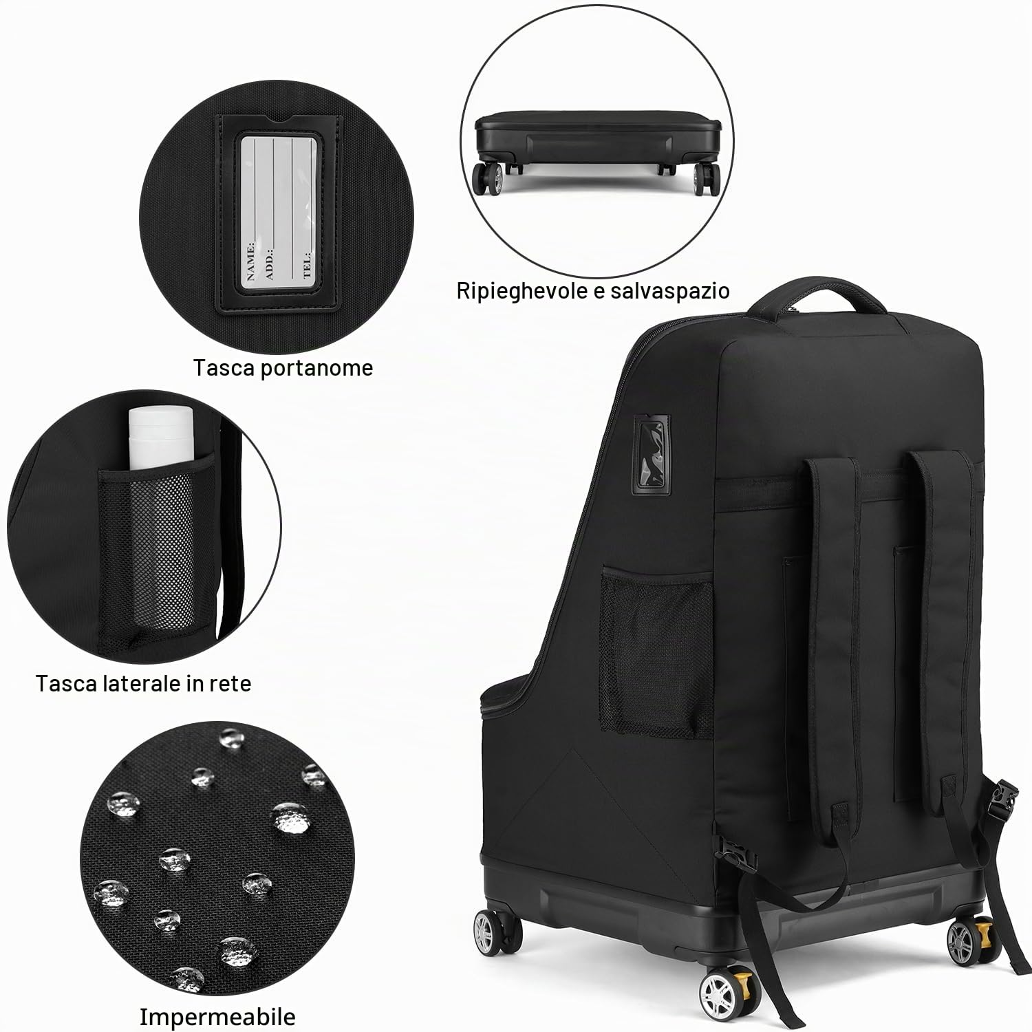 TUGUAN Borsa da viaggio per seggiolino auto per aereo con ruote girevoli, zaino imbottito per seggiolino auto, grande borsa a quadri per cancello, nero, 28 Inches, Zaino da viaggio per seggiolino auto