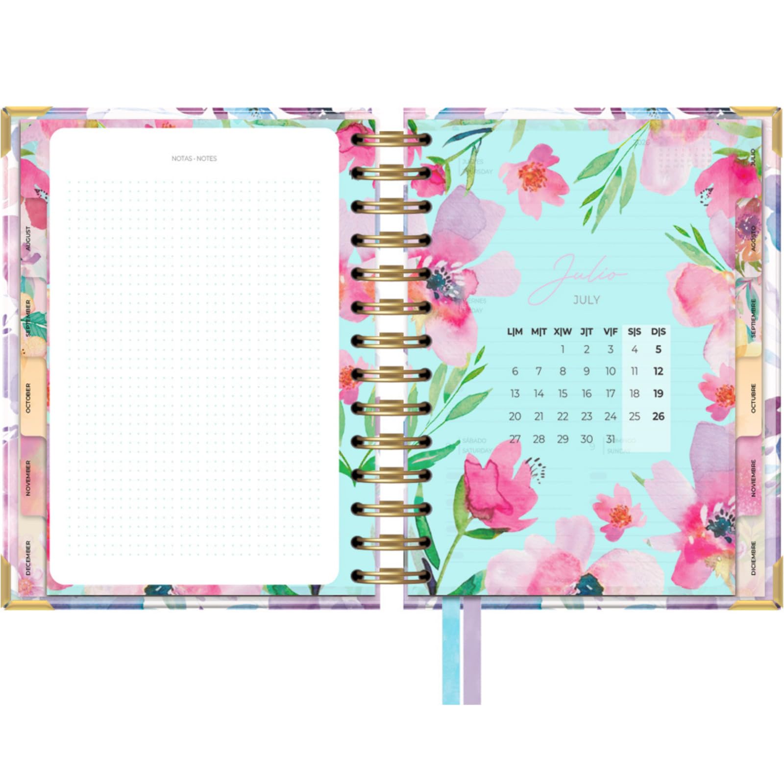 Takenote Diary 2026 - A6 Size (13.5x18 cm), Week-to-View, 12-Month Annual Planner January to December, Double Gold Spiral, Dual Bookmark, Elastic Band, Spanish & English - Carla - Image 3