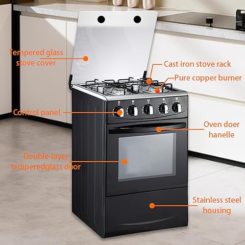 Miniatura 3 de Estufa de gas portátil de 20" - Equipada con 4 quemadores de bobina y horno de acero inoxidable (Negro: encendido automático)