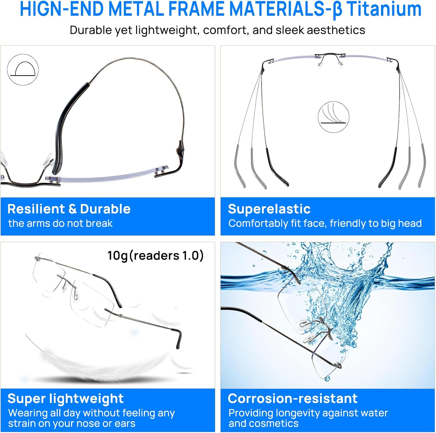 Titanium Frameless Reading Glasses for Men Women, Blue Light Blocking Readers 1.0 1.5 2.0 2.5 3.0 3.5