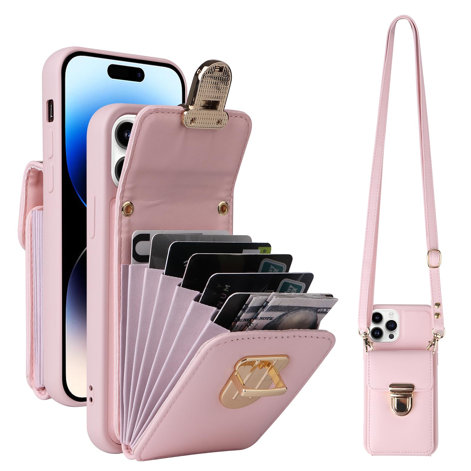Compatible with iPhone 15 pro case, Pink PU Leather Belt Clip Crossbody Wrist Strap Wallet Purse Case with Card Slots Long Shoulder Strap for Women Girls Female