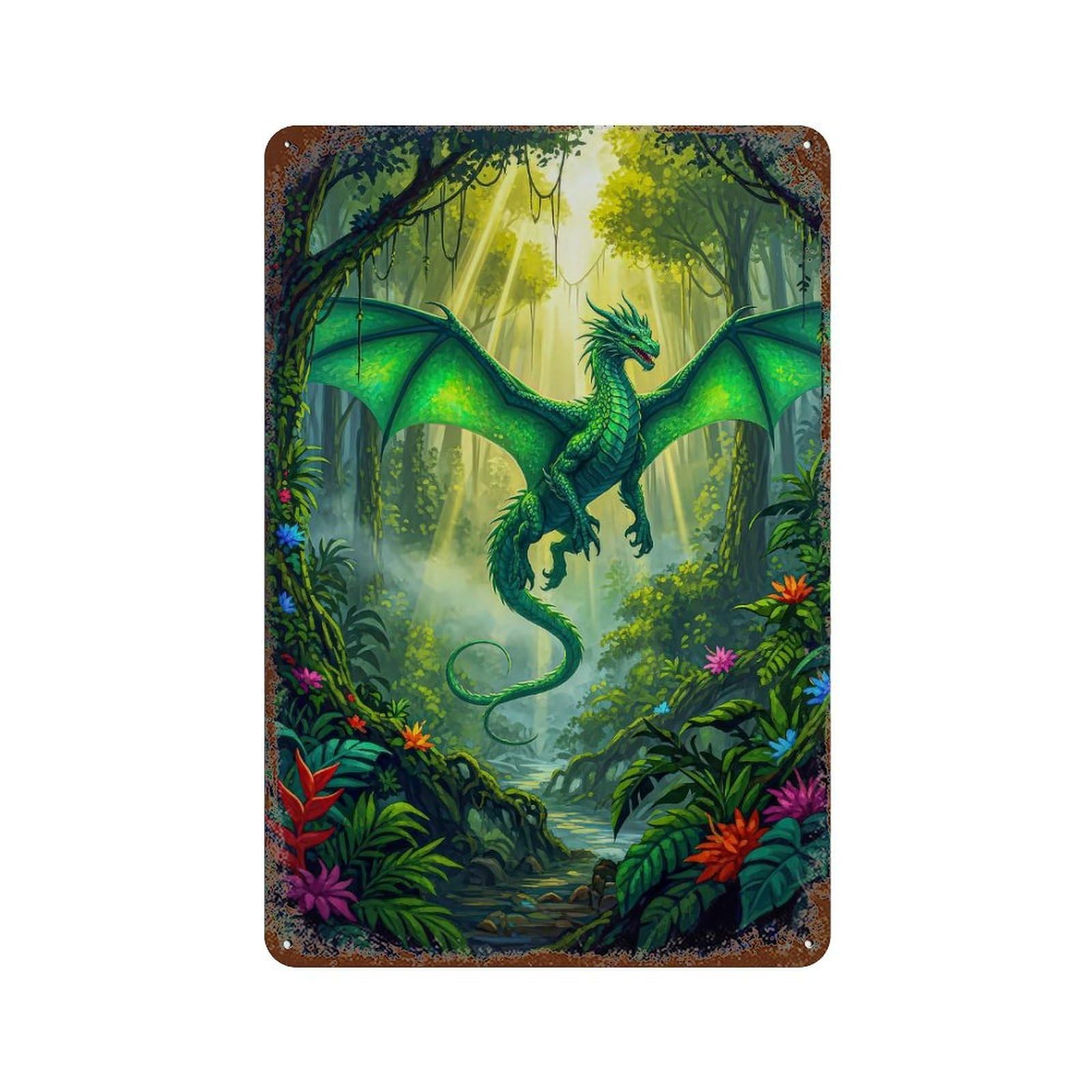 Rustic Tin Plaque with Emerald Dragon in Lush Jungle Design 11.8"x7.9", for Pub, Kitchen And Man Cave Decor, Old School Wall Decor