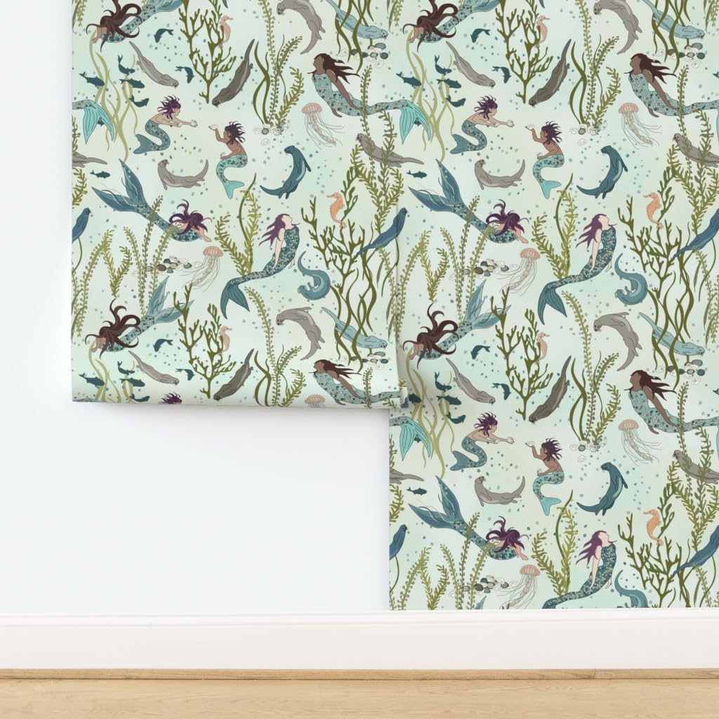 Peel & Stick Wallpaper 3ft x 2ft - Mermaids Otters Mermaid Undersea Ocean Swimming Life Whimsical Sea Mythical Fairy Custom Removable Wallpaper by Spoonflower