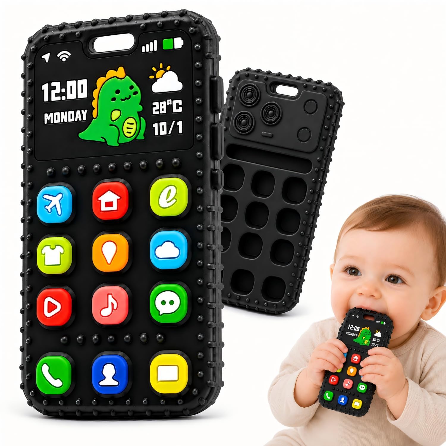 Baby Sensorik Spielzeug für Jungen Mädchen 3 6 9 12 Monate, Silikon Handy Beißspielzeug mit Druckknöpfen, Kühlbarer Beißring Greifspielzeug zur Zahnungshilfe, Geschenk zur Geburt und Babyparty