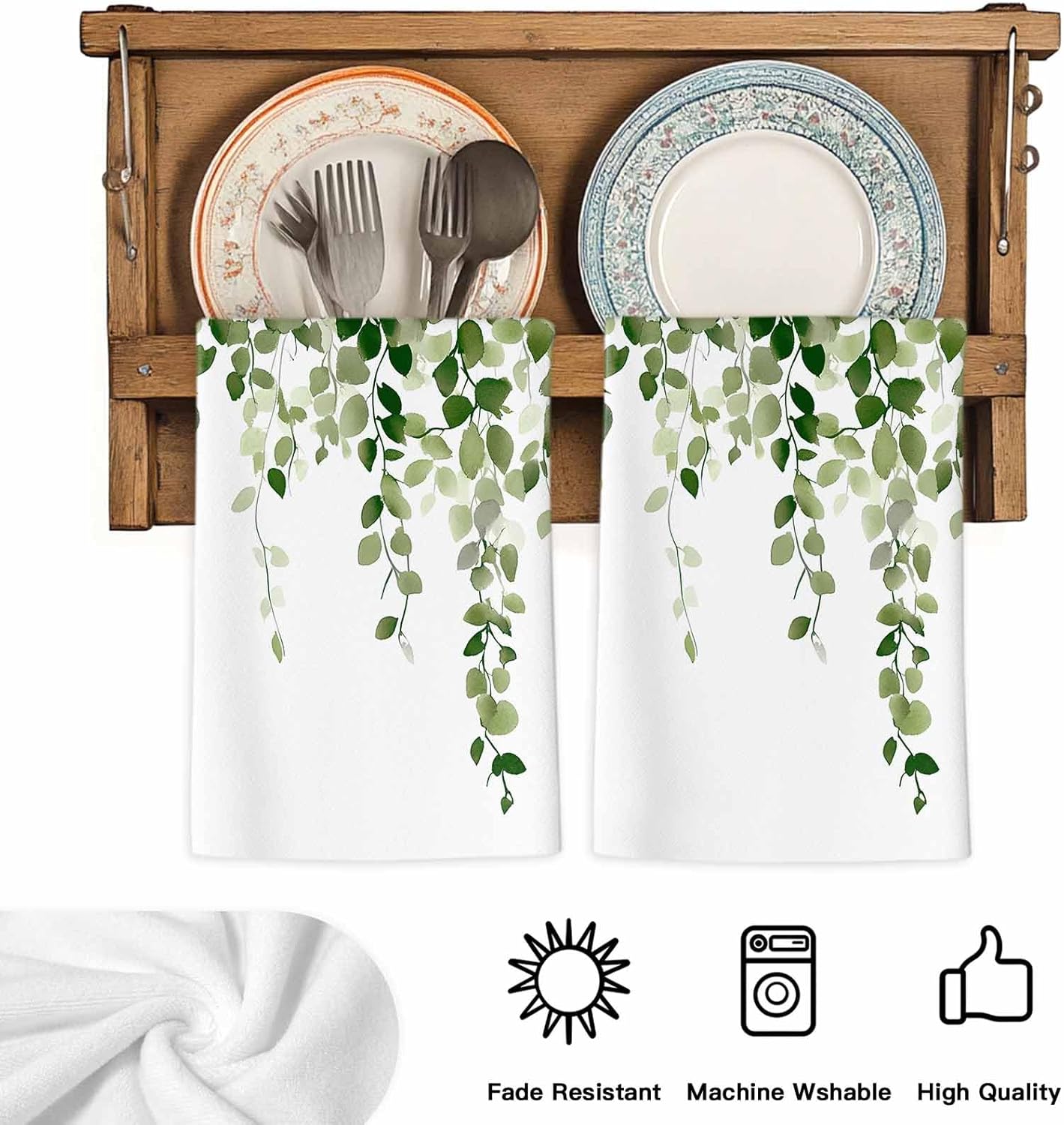 Sage Green Eucalyptus Kitchen Towels Set of 2, Absorbent Dish Towels for Kitchen, Spring Summer Botanical Plants Chic Microfiber Hand Towel, Quick Drying Tea Towel for Cleaning Decorative Dishcloths