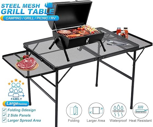 Miniatura 3 de Mesa de camping familiar plegable con 2 paneles de alas, mesa de parrilla de metal con mesa de malla, 2 alturas ajustables, mesa grande de picnic y