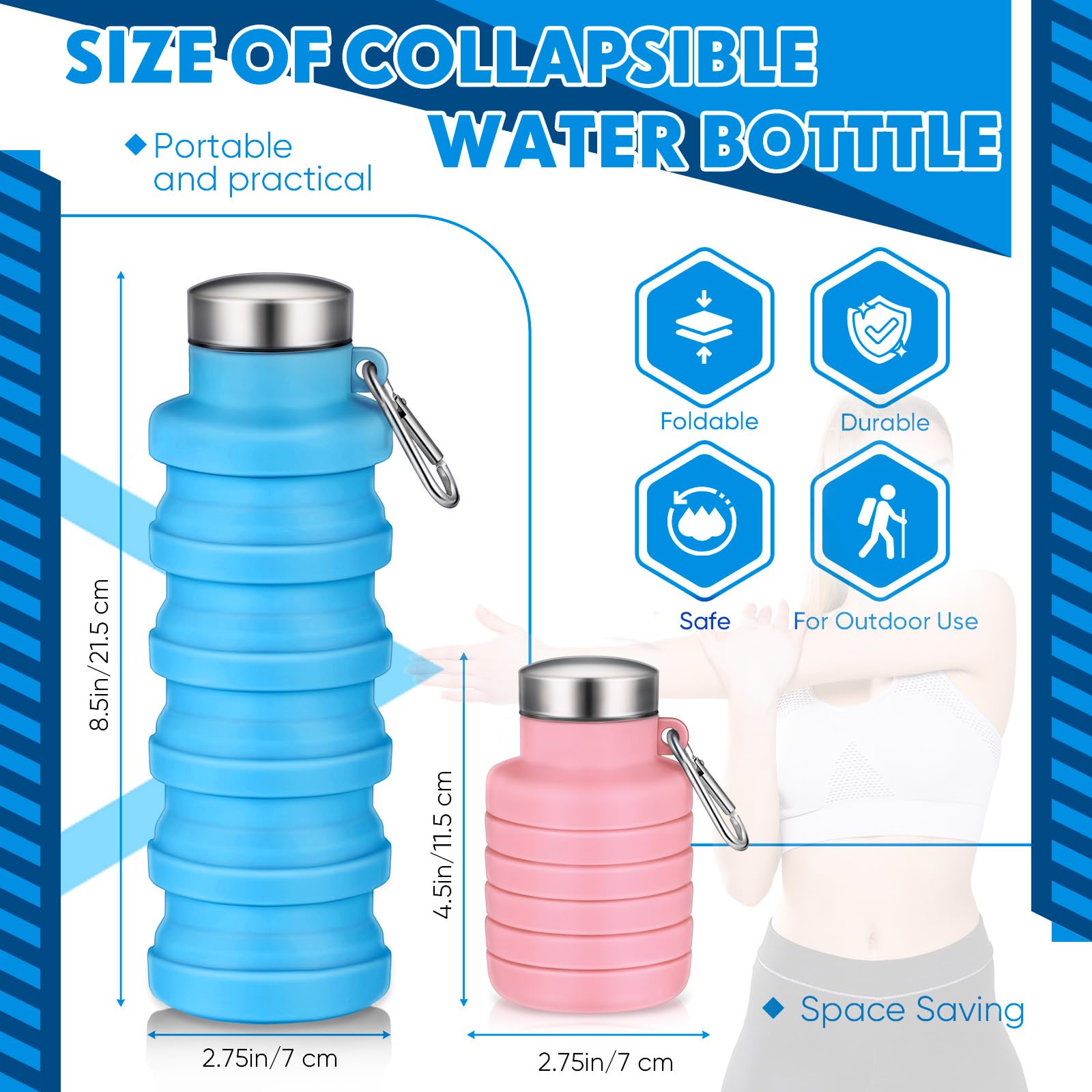 Baderke Faltbare Wasserflaschen aus Silikon, Reiseflasche, faltbar, tragbar, mit Schnalle, leicht, wiederverwendbar, auslaufsicher, für Camping, Wandern, Radfahren, Sport, Rosa, Blau, 2 Stück