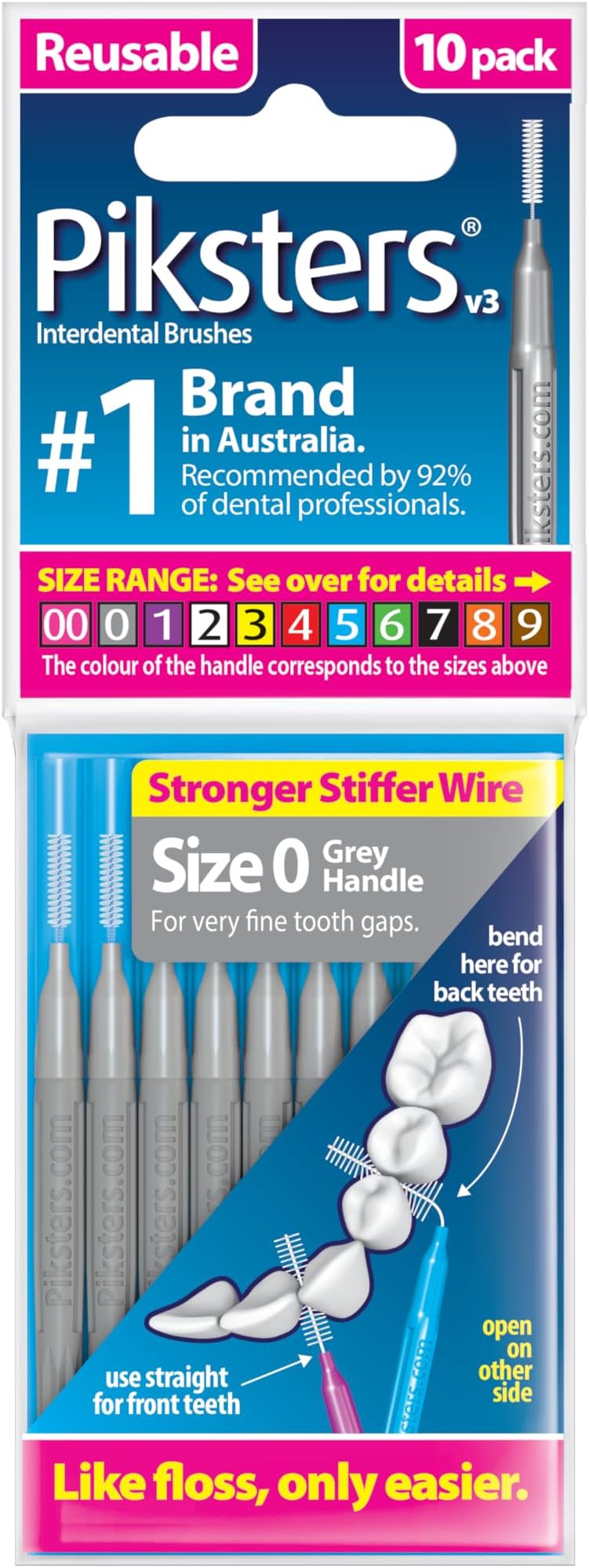 Piksters Interdental Brushes, 10 pk, Size 0, Interdental Tooth Brush for Very Tight Teeth Gaps, Gum Soft Bristles for Plaque Removal, Safe for Braces
