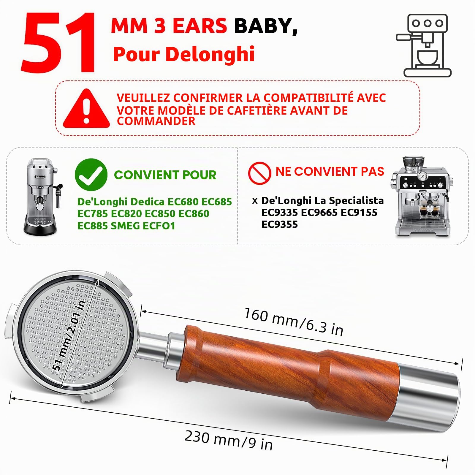 Porte-filtre expresso sans fond à 3 oreilles, 51 mm, acier inoxydable de qualité supérieure, compatible Delonghi EC680/EC685, écran et panier inclus