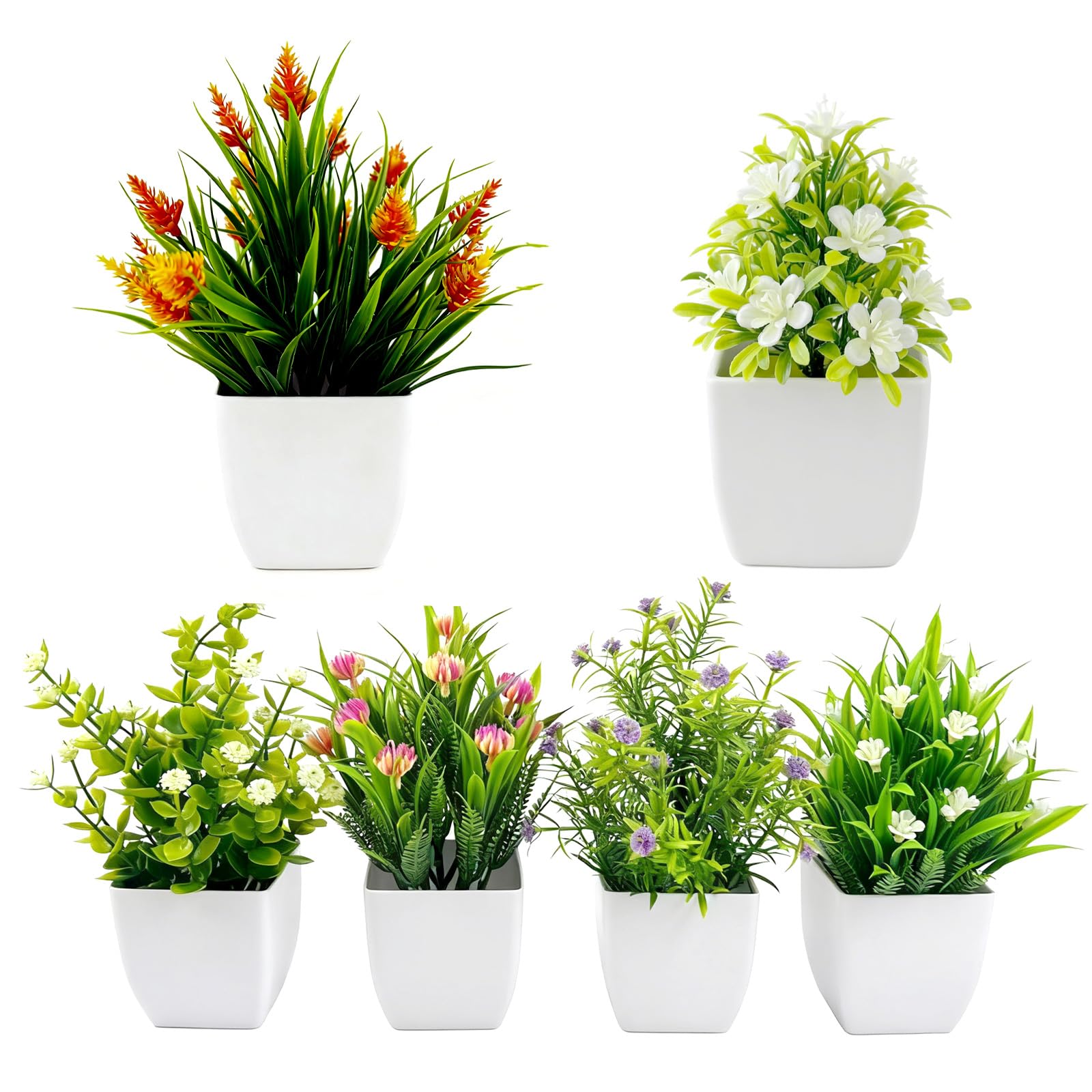 6 Pcs Small Artificial Plants Indoor Outdoor, Small Fake Plants in Pots, Plastic Flowers Plants, Mini Artificial Plant in Pot for Home Office Bathroom Shelf Table Garden Decor