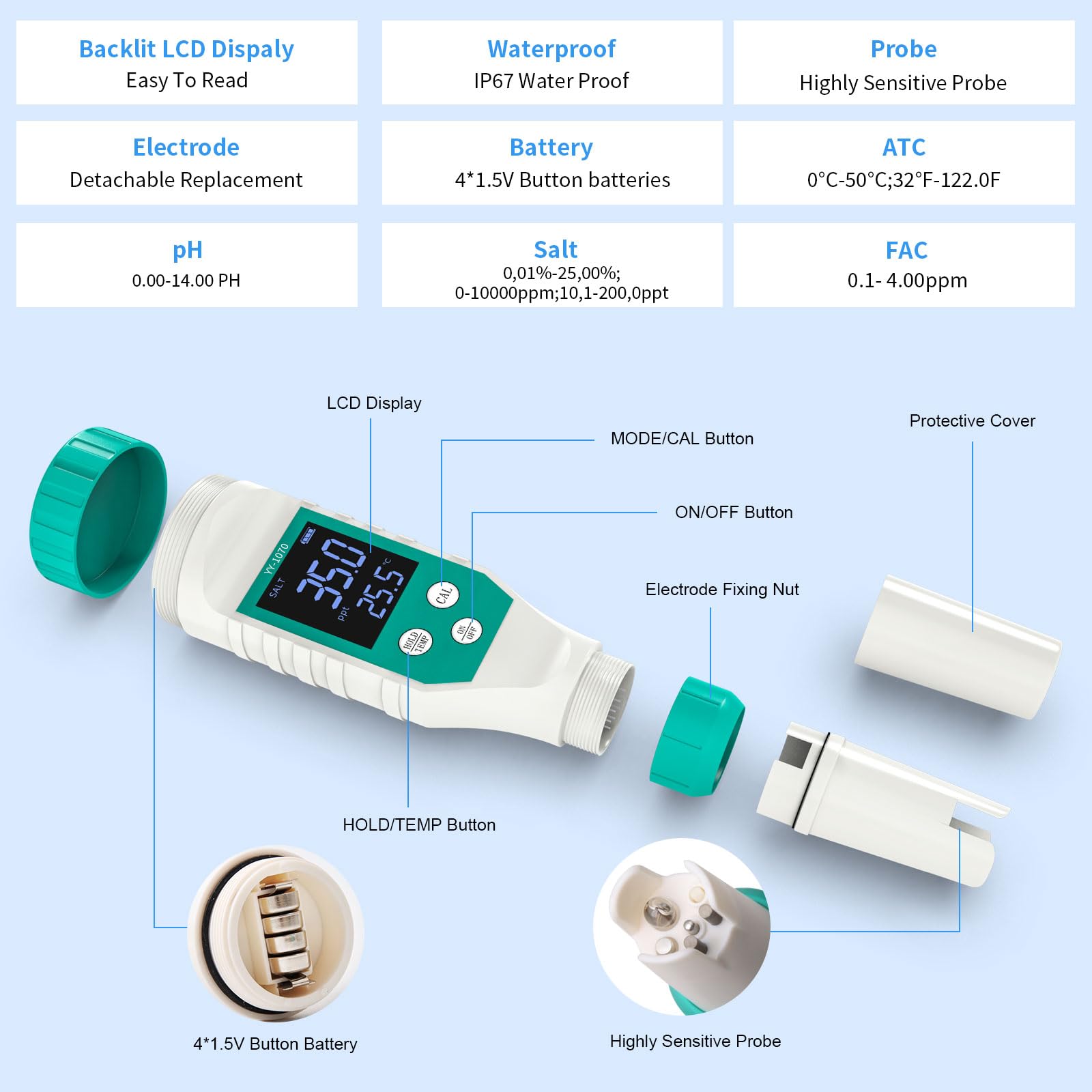 Misuratore di cloro e pH digitale per piscine | 7 in 1: misuratore di temperatura di cloro pH TDS EC ORP per acqua salata piscina, acquario. Alta precisione con ATC