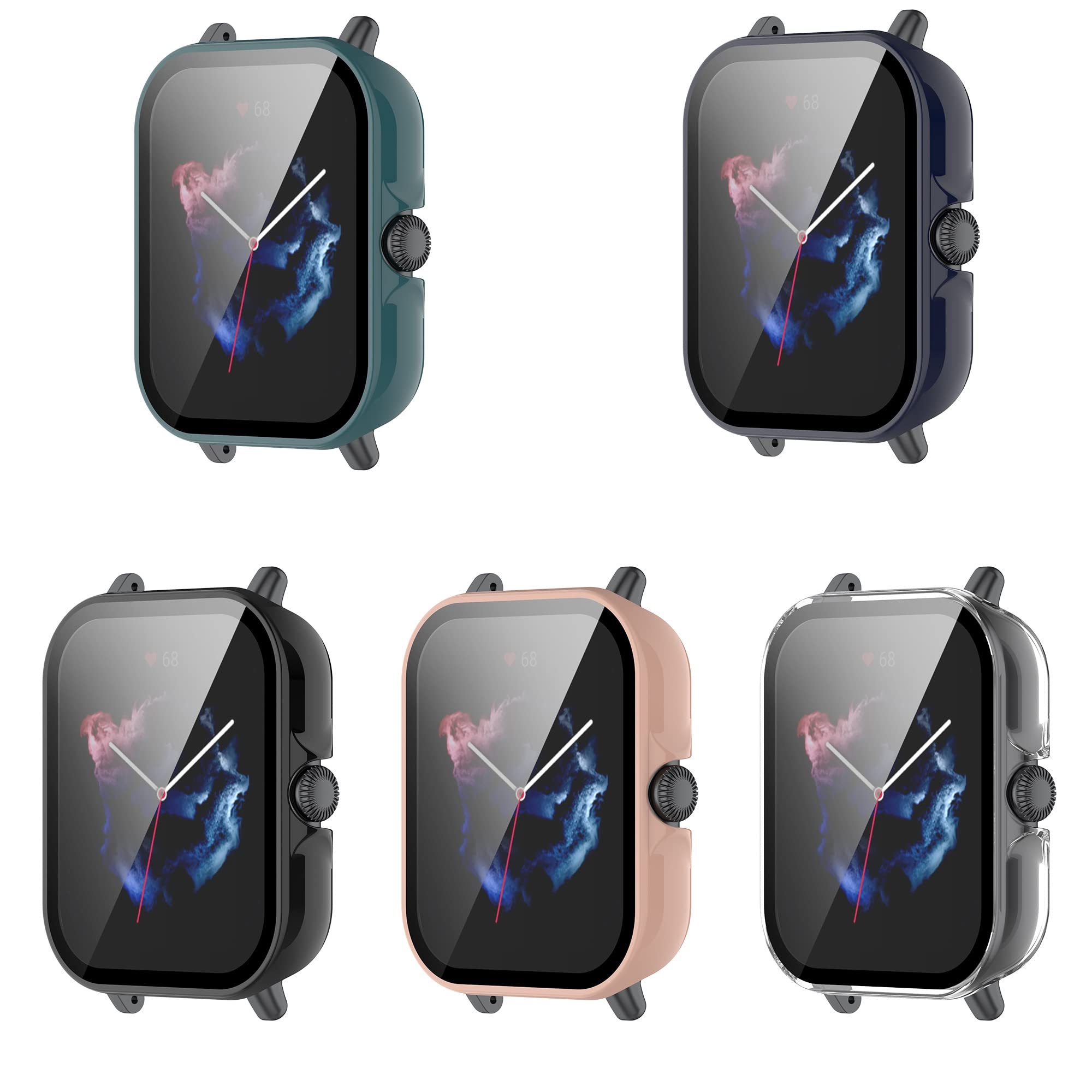 [5 pack] case compatible with amazfit gts 3 & gts 2, case with screen protector [tempered glass] full around hard pc protective case for amazfit gts 3 smartwatch