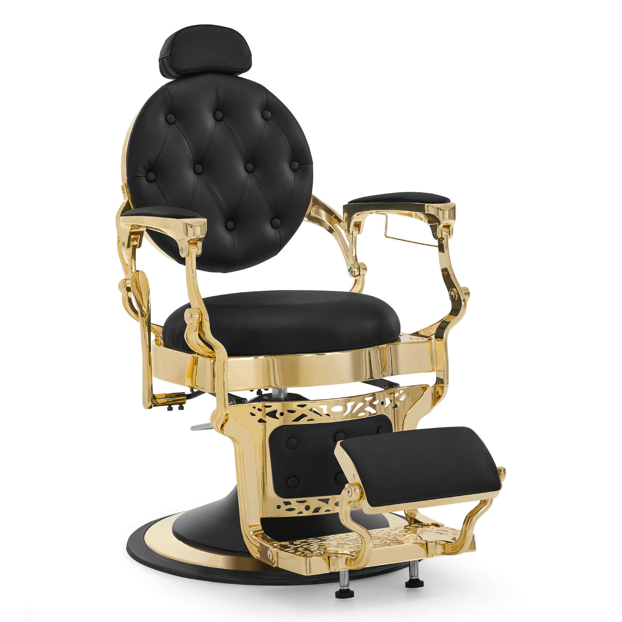 Barberpub Poltrona da parrucchiere con poggiatesta reclinabile, pompa idraulica girevole 360°, 2933BK-F (oro-nero)