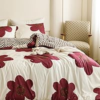Vista 3 de KAREVER Juego de edredón floral burdeos, tamaño individual, color blanco con flores burdeos, juego de edredón de 3 piezas, edredón tamaño individual
