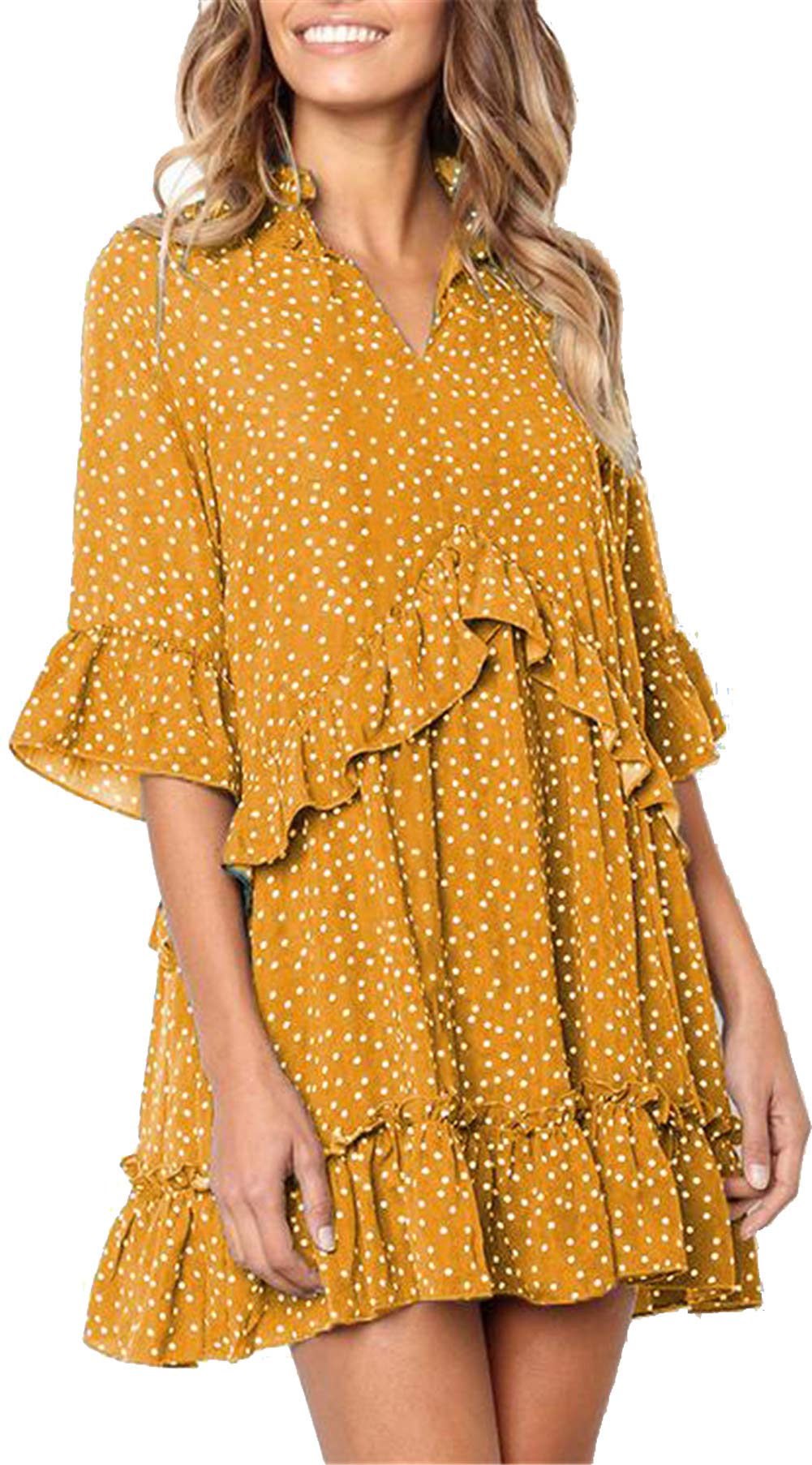 ALAIX Women's Casual V Neck Ruffle Polka Dot Loose Swing Short Midi Sleeve T-Shirt Dress