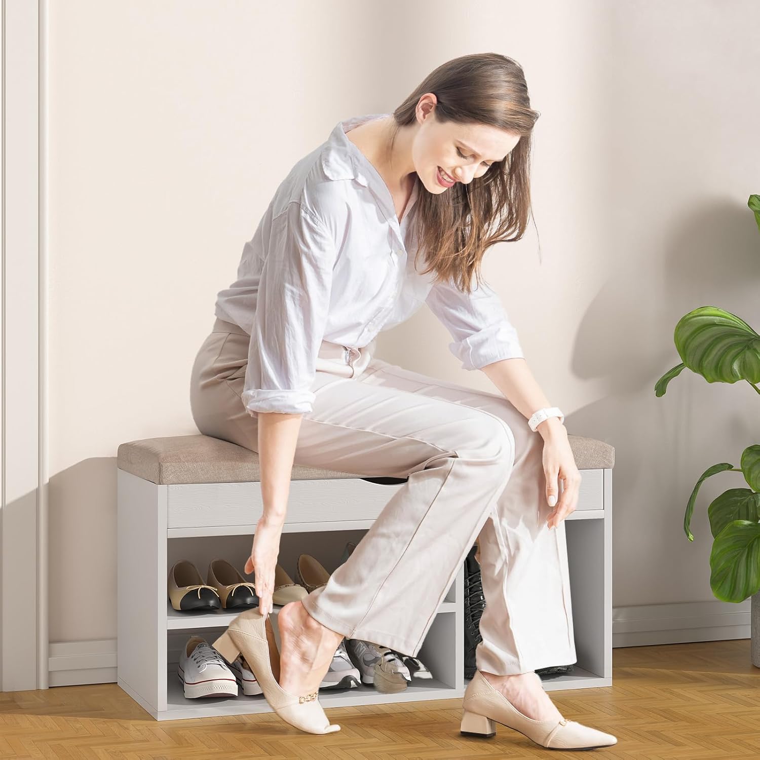 Apicizon 31 Inches Storage Bench with Padded Cushion, Shoe Bench with Storage Space, Upholstered Entryway Bench for Living Room, 2-Tier Shoe Rack Organizer, White