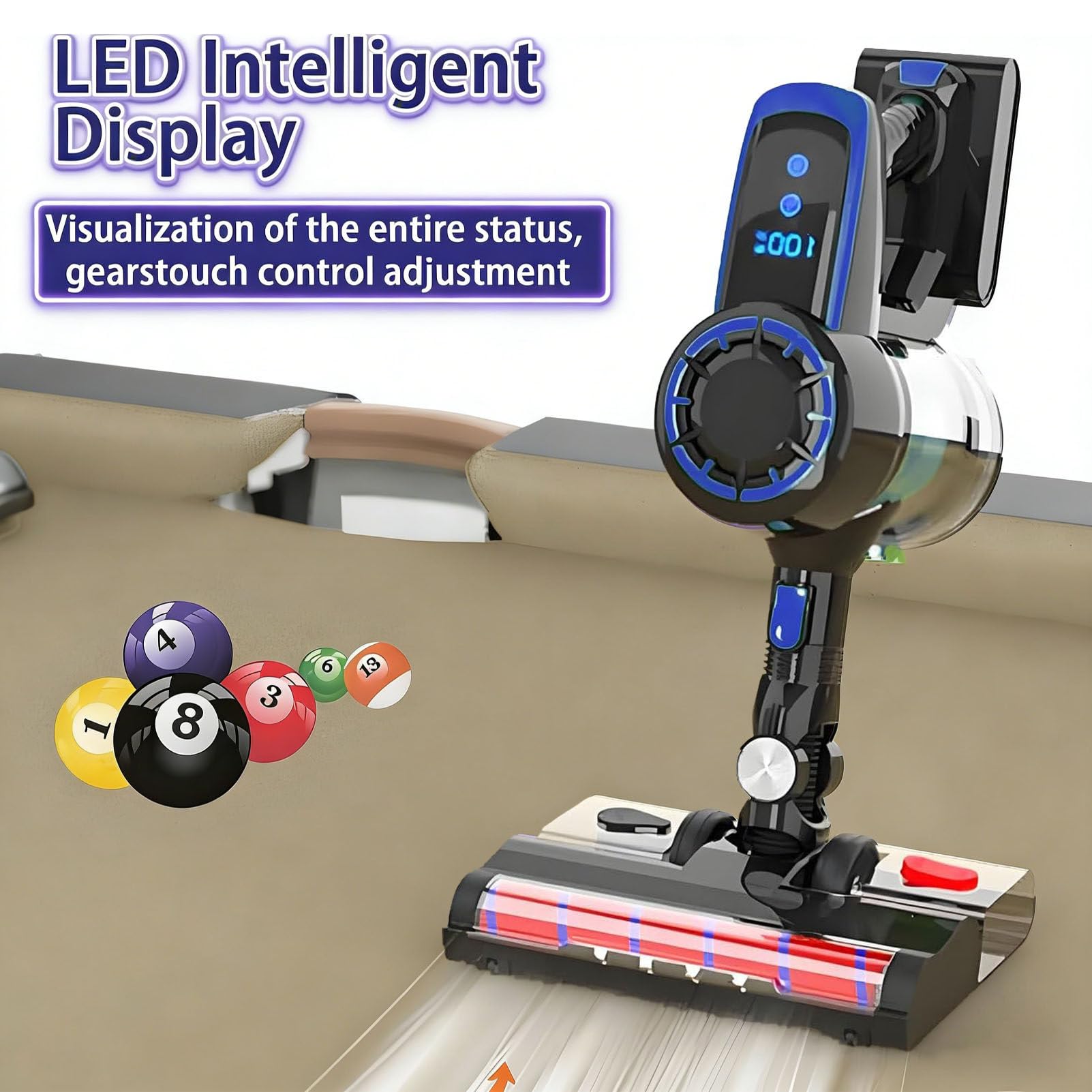 Limpiador eléctrico inalámbrico para mesas de billar con pantalla LED | Aspiradora de 240 W para paños de billar con succión de 22 kPa y 2 velocidades ajustables; ideal para salas de billar
