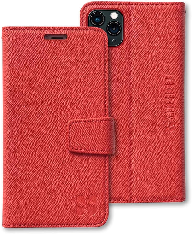 SafeSleeve Wallet Leather Case for iPhone 11 Pro Max EMF Blocker for Cell Phone with 3 Card Holder & Adjustable Stand – Magnetic Closure, and Magnetic Folio Protection for Daily Use (Red)