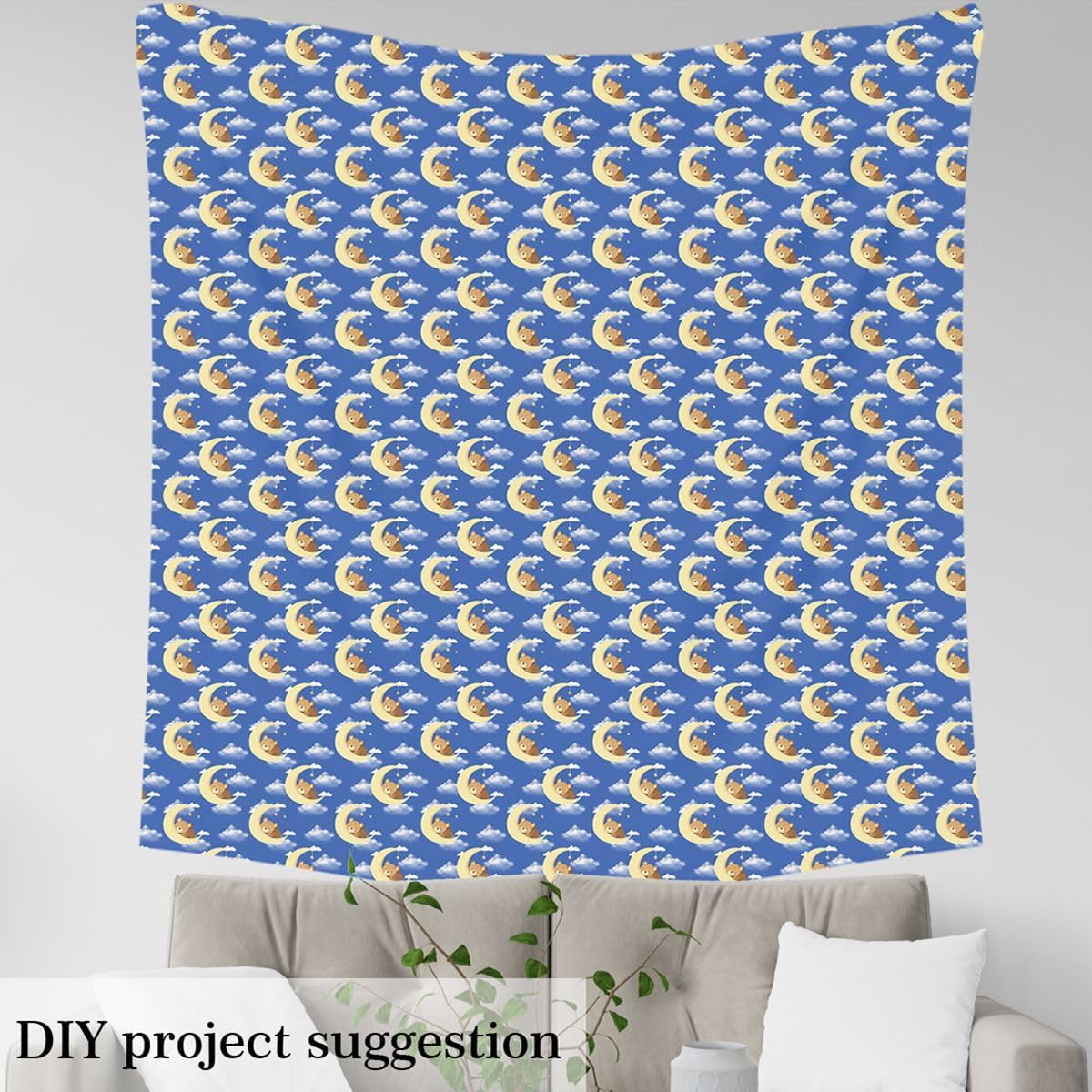 Bear Fabric By The Yard, Kawaii Sleeping Bear Indoor Outdoor Fabric for Kids, Moon Star Cloud Goodnight Upholstery Fabric, Cute Cartoon Animals Decorative Fabric for Quilting Sewing, 3 Yards, Blue