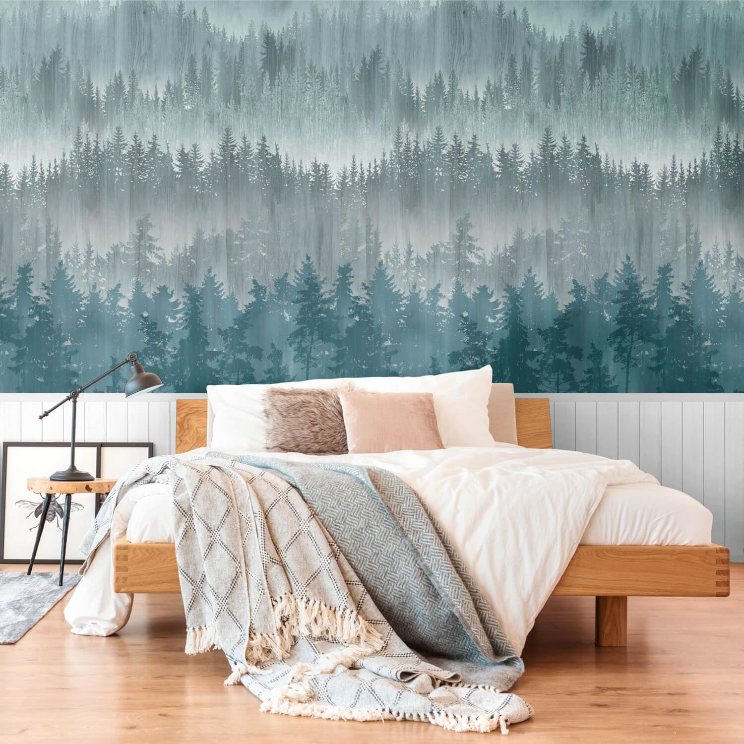 Papier peint photo motif forêt bleu gris turquoise intissé TNT