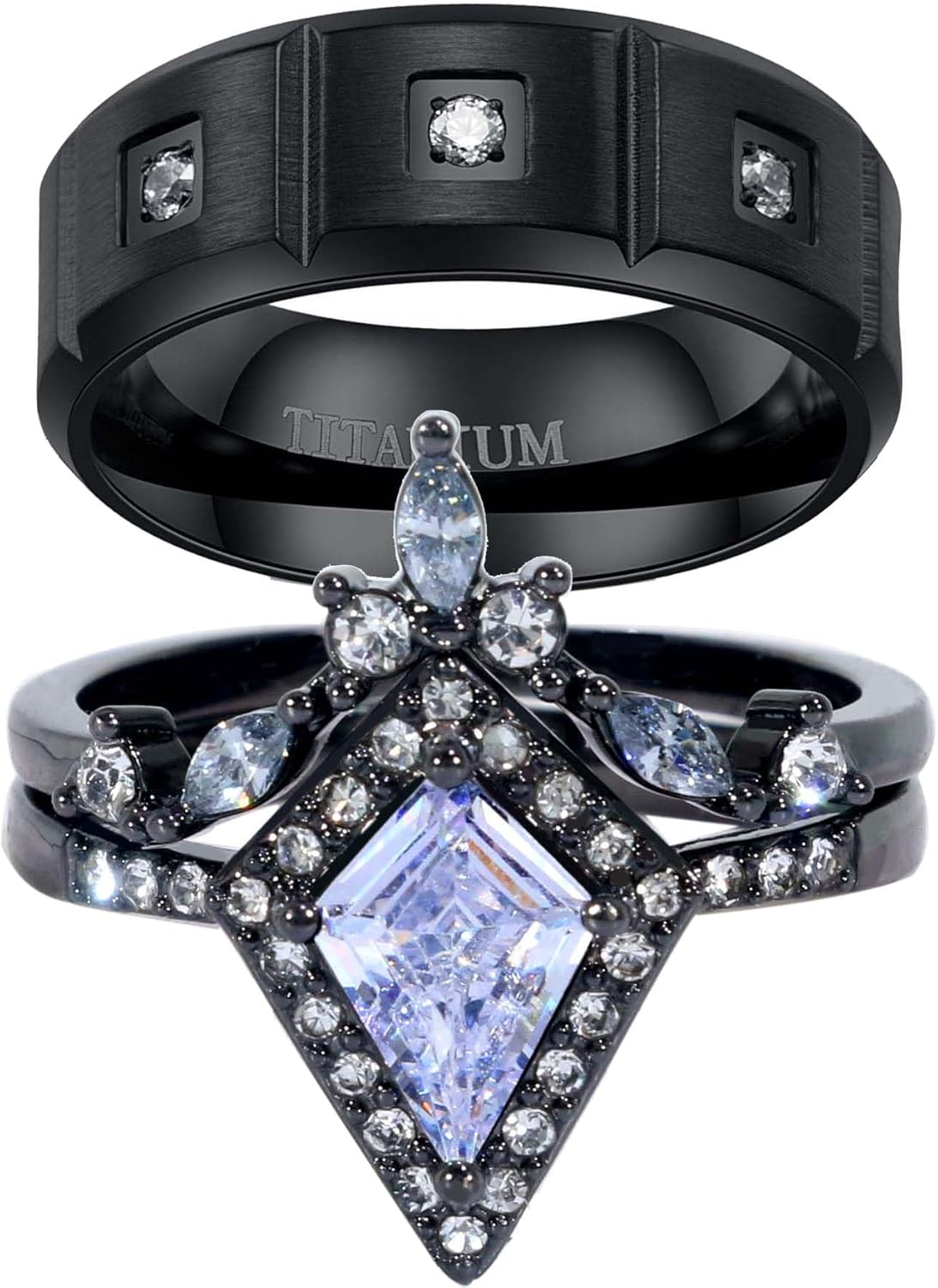 ringheart Couple Rings Matching Black Plated 1.5CT AAA CZ 2pcs Women Wedding Ring Sets for Him and Her Men Band