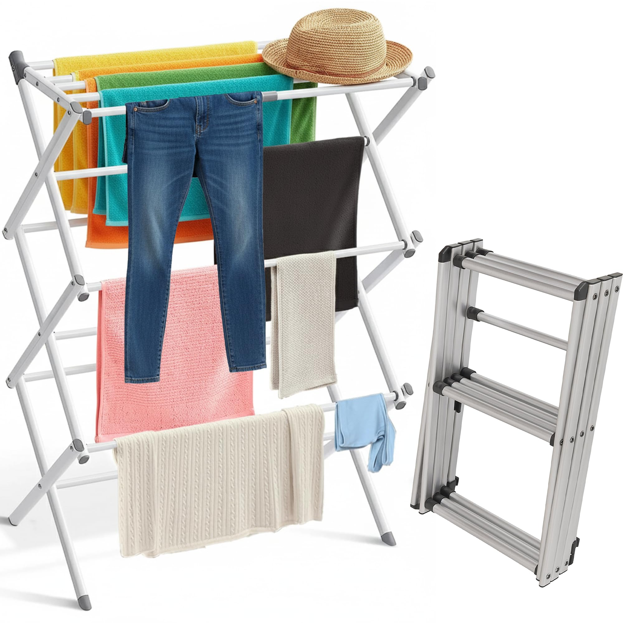 3-Tier Clothes Airer Drying Rack, 12M Washing Line Airer with Foldable Racks, Indoor & Outdoor Clothes Dryer Airers, Space Saving Laundry Rack, Easy to Store, White