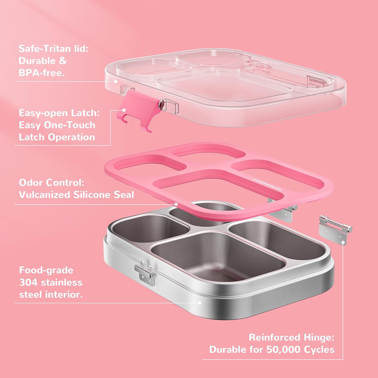 G.a HOMEFAVOR Stainless Steel Lunch Box - 4 Compartments Bento Box for Kids, Leakproof Food Container for School, Office, Dishwasher Safe, BPA-Free, 27 oz, Pink - Image 3