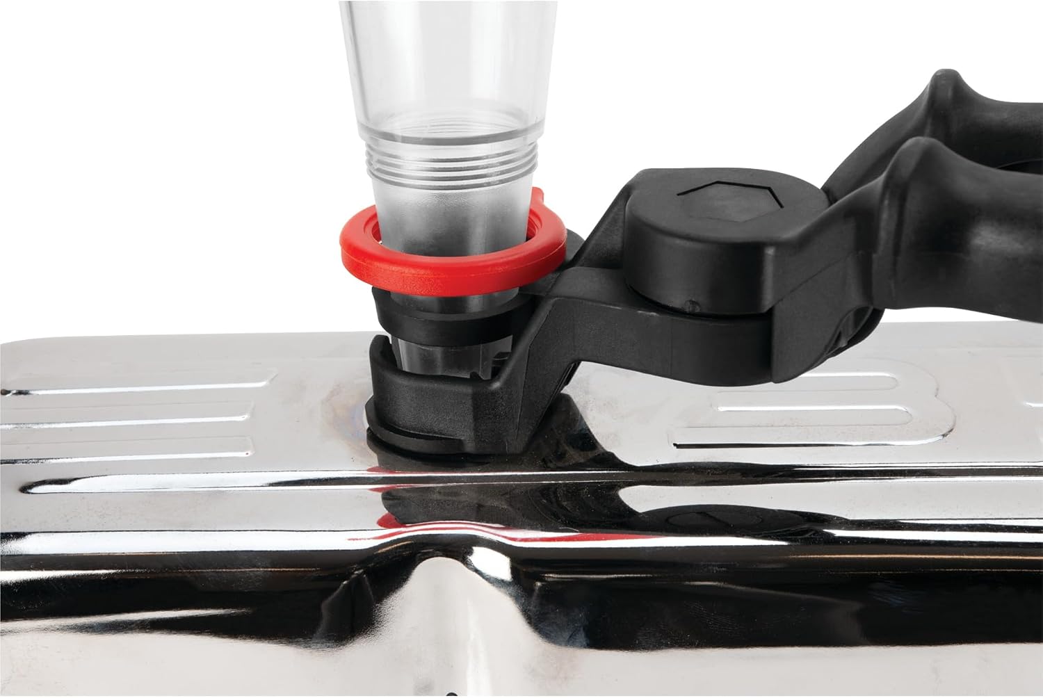 Performance Tool W4069 Hands-Free Funnel with Clamp - Prevents Spills, Transparent Lower Chamber, Fits Most Vehicles, 257mm x 127mm Dimensions