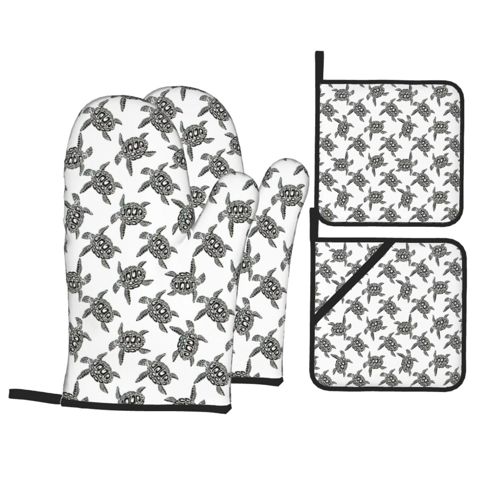 Nimongt Black Animals Sea Turtles Print Heat-Resistant 4-Piece Oven Kitchen Gloves For Baking Cooking Microwaving Essentials