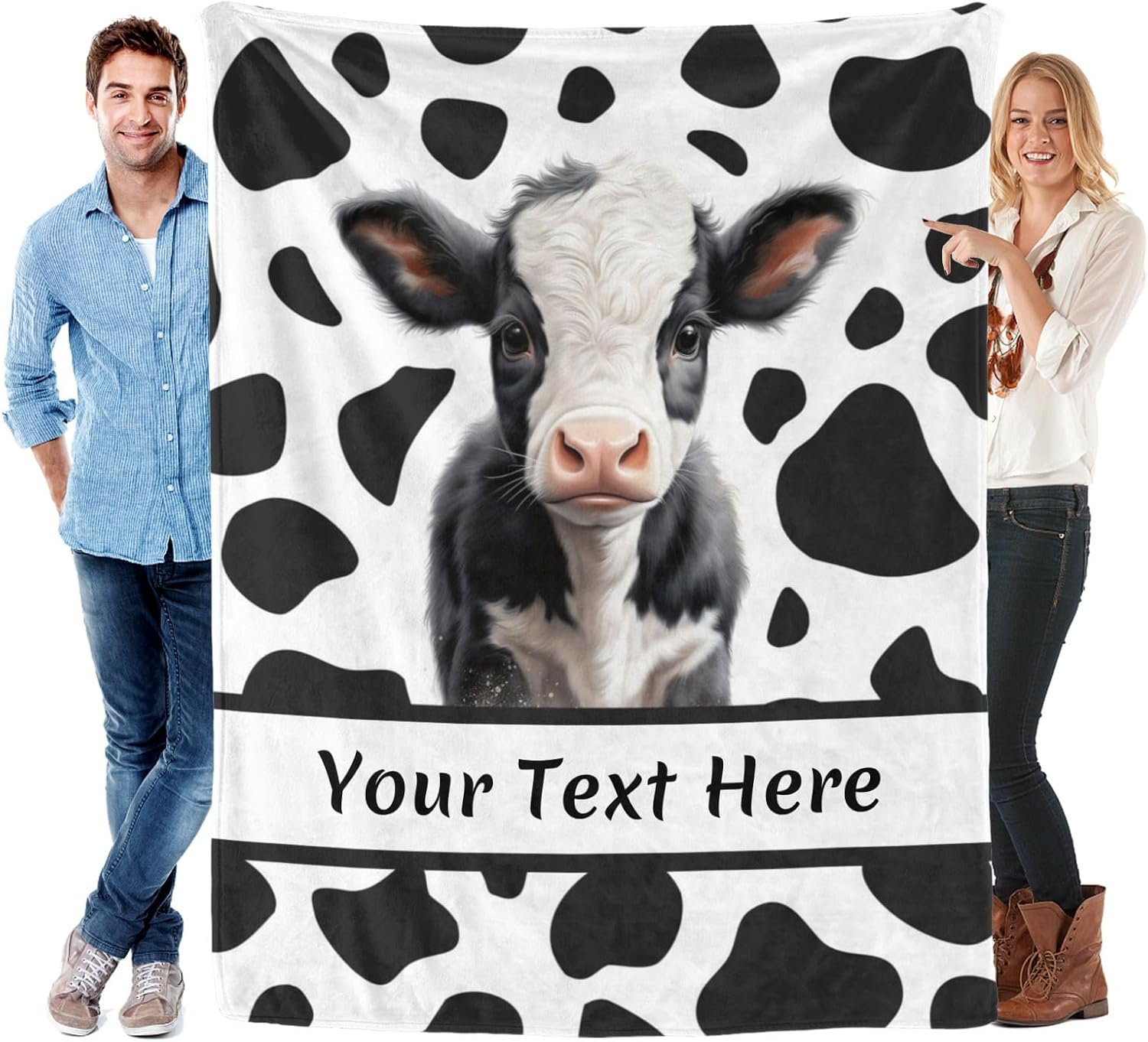 Personalized Cow Print Blanket with Name, Customizable Throw Blanket for Kids Boys, Fuzzy Soft Blanket Microfiber, 50" x 60"