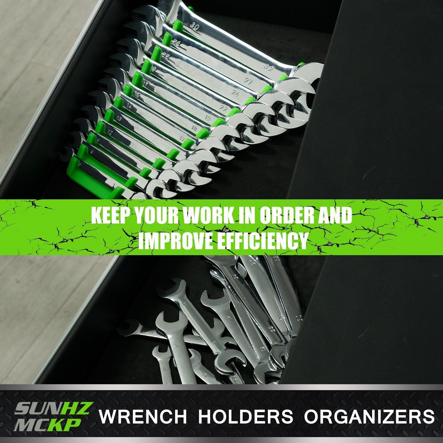 SUNHZMCKP 2 Pack Magnetic Wrench Organizer, Wrench Rack Tool Trays for Toolboxes, Wrench Holder up to 24 wrenches SAE (1/4" - 1/16") and Metric (6 mm - 24 mm)